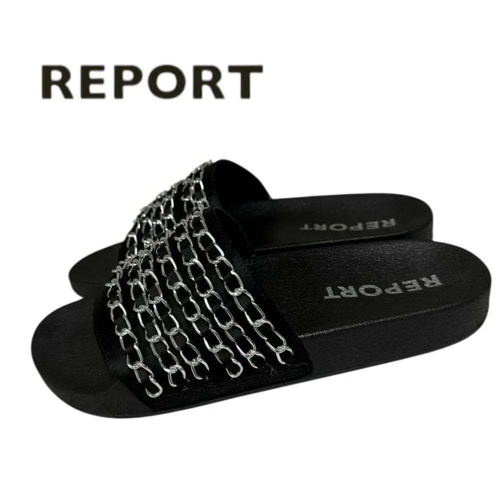 New REPORT "Gabel" Women's Black Chain Slide Sandals 7